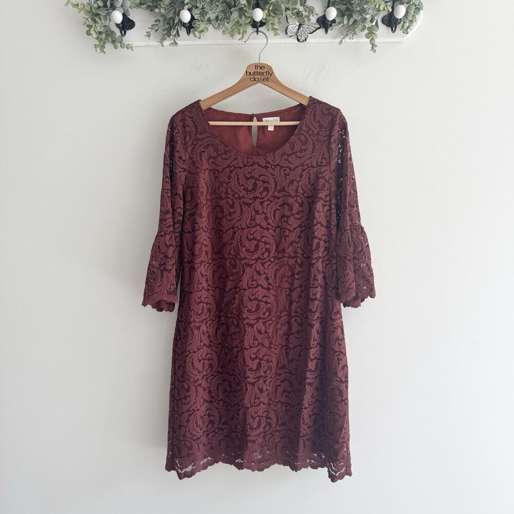 Garnet Hill Burgundy Lace Overlay 3/4 Sleeve Dress Burgandy Size 10 T08